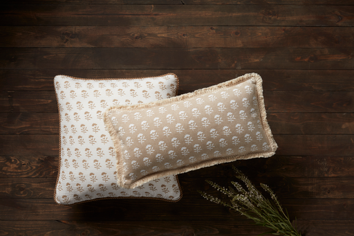 Taupe Block Print Lumbar with Fringe Detail