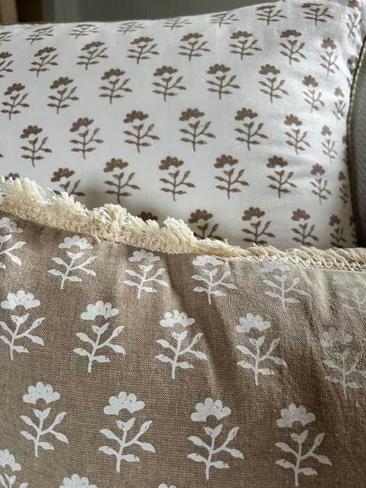 Taupe Block Print Lumbar with Fringe Detail