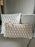 White & Beige Square Block Print Pillow with Jute Detail