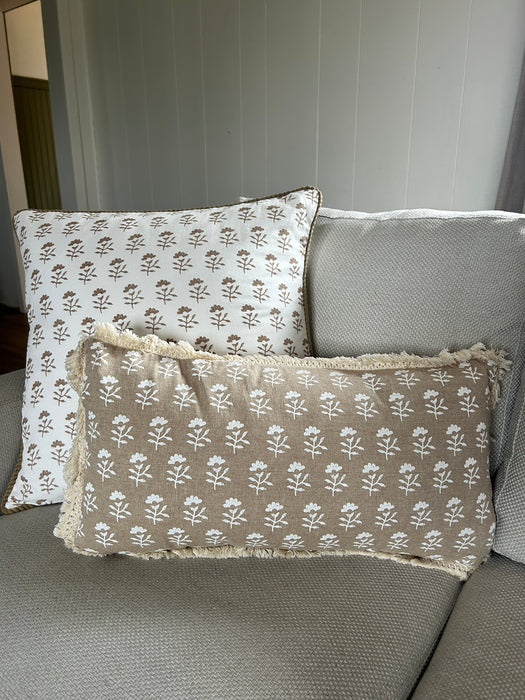 White & Beige Square Block Print Pillow with Jute Detail
