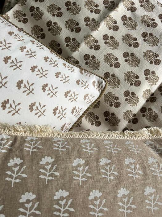 White & Beige Square Block Print Pillow with Jute Detail