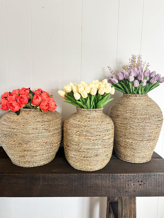 Oversized Seagrass & Iron Vases Assorted