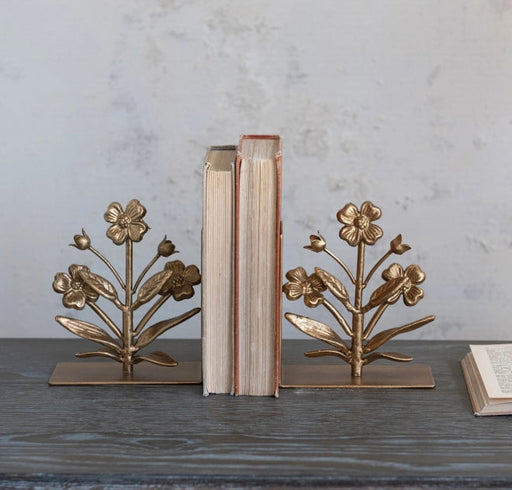 Gold Cast Iron Flower Bookend Set